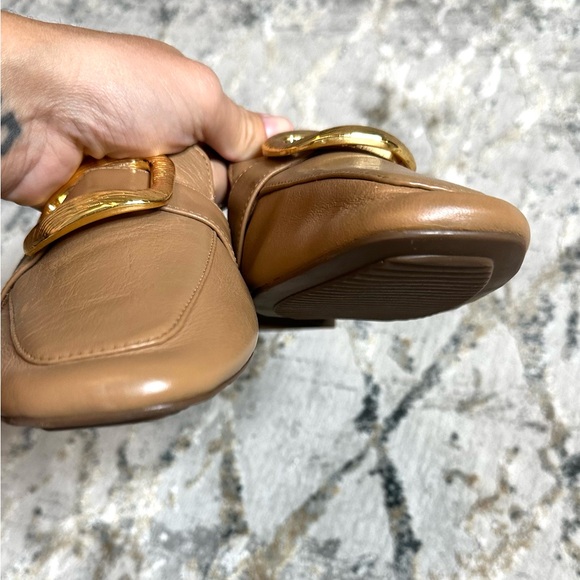 Arezzo women’s tan neutral color leather loafer with large gold buckle accent - Picture 4 of 13